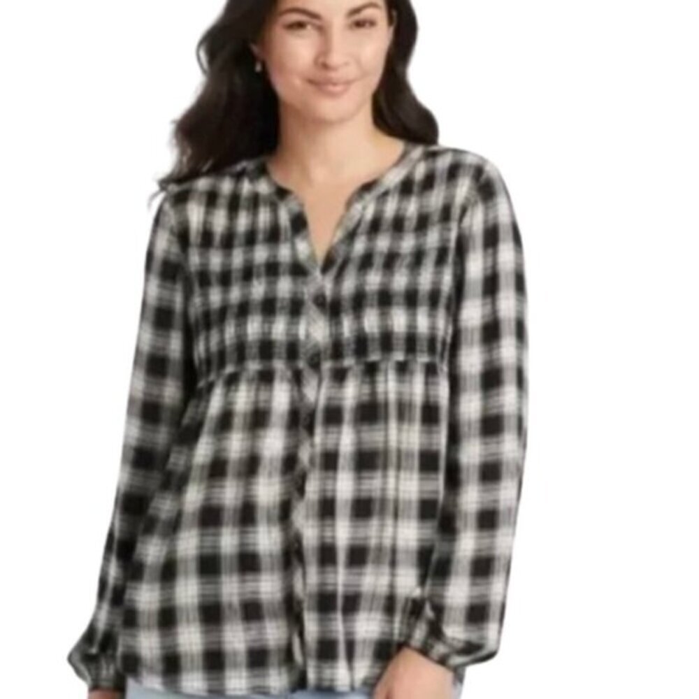 Knox Rose Black White Plaid Babydoll Button Front Long Sleeve Top Size XS NWT